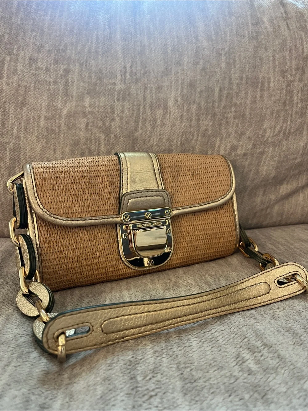Michael Kors Tan Woven Clutch with Gold Trim